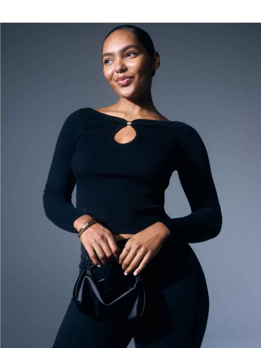 Abercrombie & Fitch Black Ribbed Long-Sleeve Crop Top with Front Keyhole